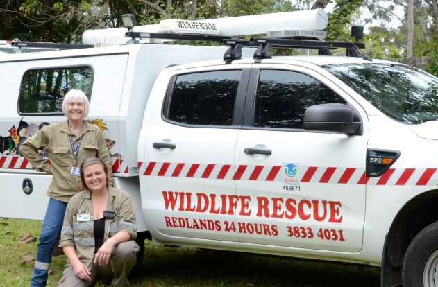 Two volunteers standing next to the wildlife rescue ambulance under a tree