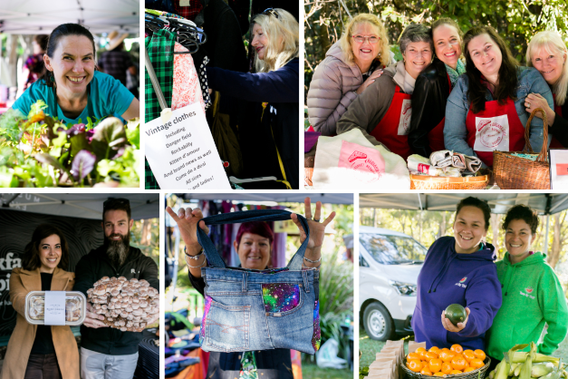 A series of photos showing fresh produce, local mushrooms, plants and stall holders
